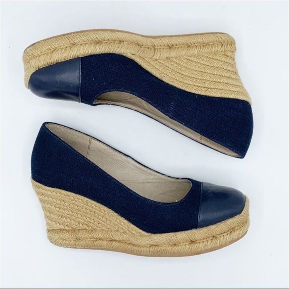 Jack Rogers Palmer Blue Closed Cap Toe Fabric/Leather Wedge Espadrilles Sz 5 - Picture 3 of 12